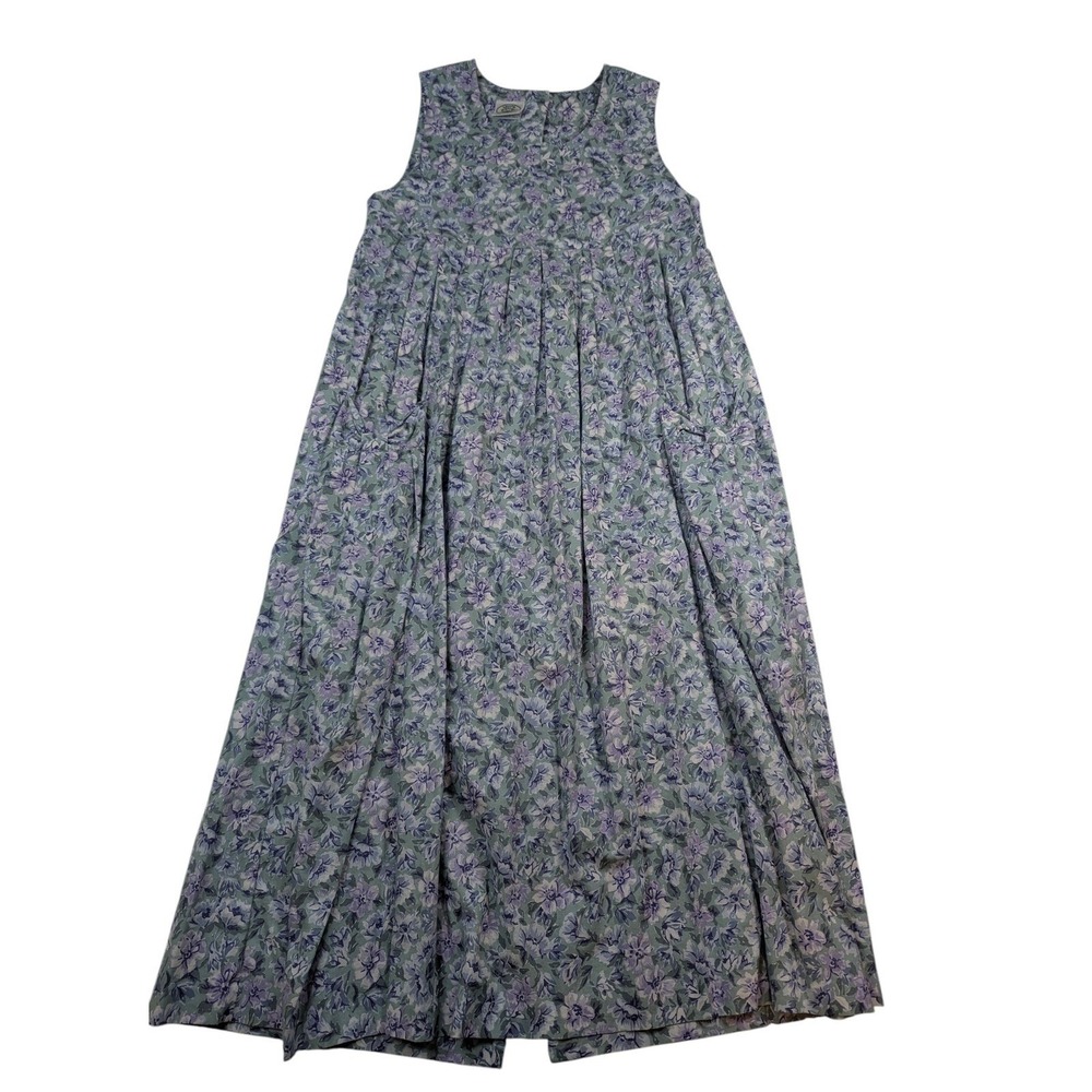 Laura Ashley Cotton Dress 4 Purple Floral Pleated Back Button Maxi Vintage‎